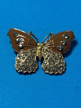 Gold and Brown Butterfly Pin with Rhinestones